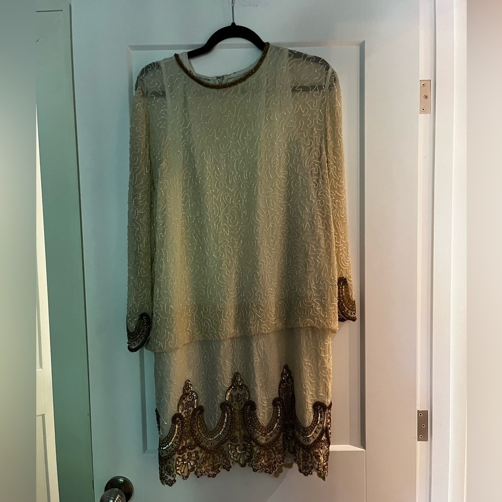 Vintage 💯 Silk Hand Beaded Dropped Waist Hand Beaded Midi Dress